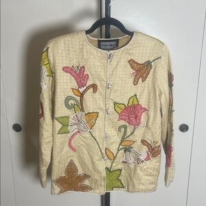 Indigo Moon Beige Floral Embroidered Blazer